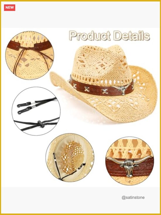 Straw Wide Shapeable Brim Cowboy Hat for Women Men main image 6